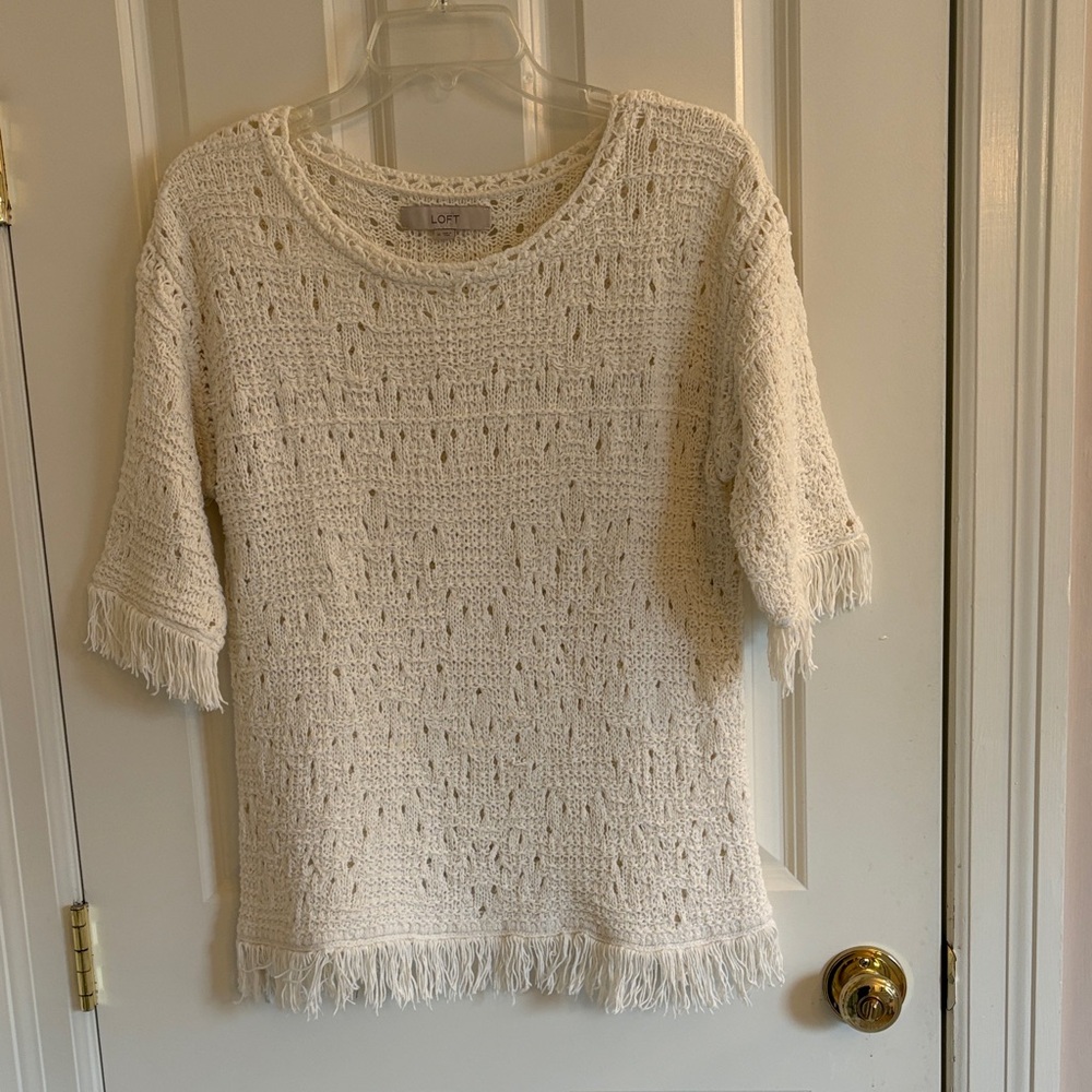 LOFT Cream Knit Fringe Top